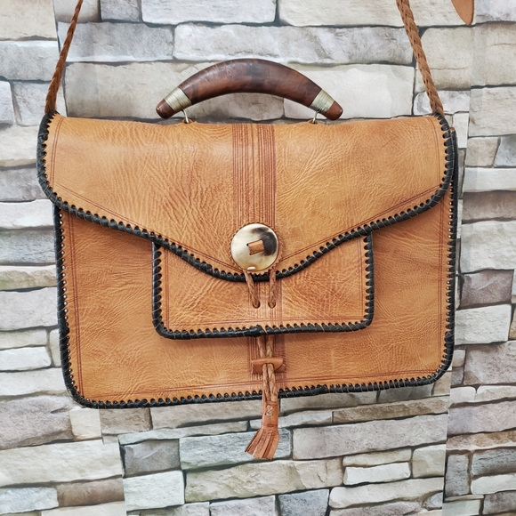 Handcrafted Handbags - BIG! Handmade Leather Wood handle tooled braided